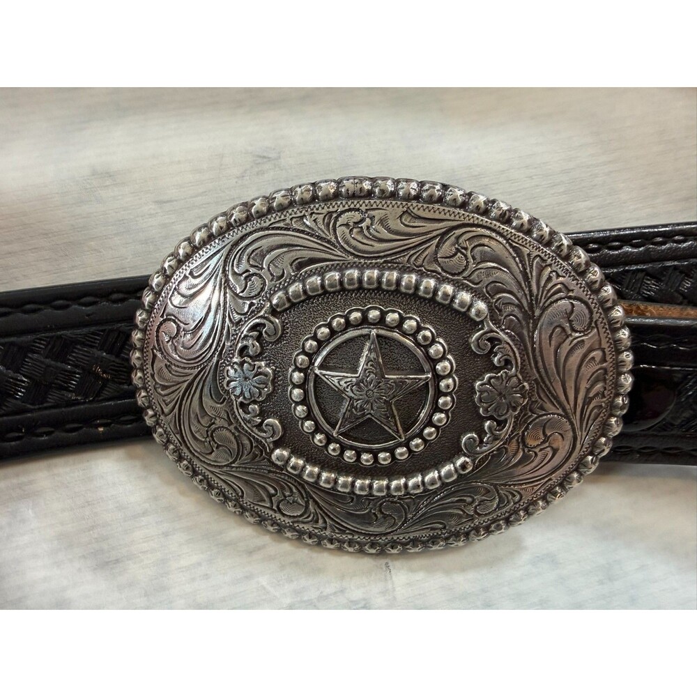Nocona‎ Western Belt 32 Black Leather Basketweave Texas Star Buckle 9700